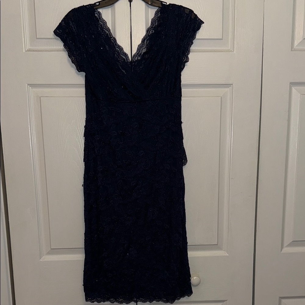 MARINA Blue Beaded Lace Sheath Dress with Flutter Cap Sleeves and V-Neckline